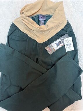 Oh Baby by Motherhood Dark Green Maternity Pants with Camel Foldover Waist
